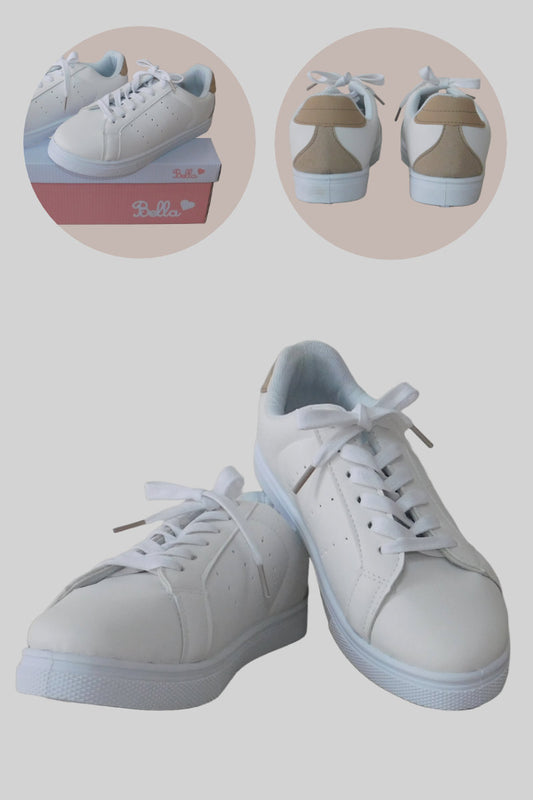 Bella Ladies Classic White Trainers with Beige Accents