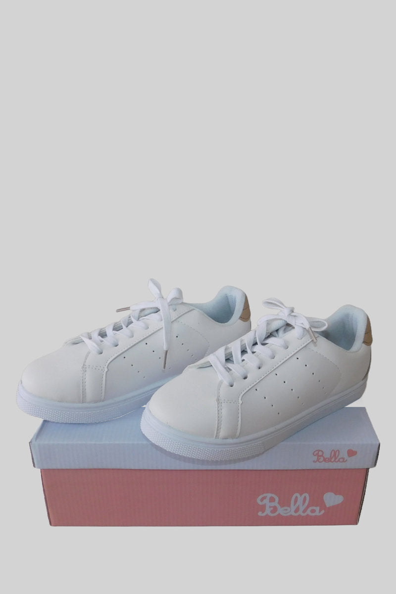 Bella Ladies Classic White Trainers with Beige Accents