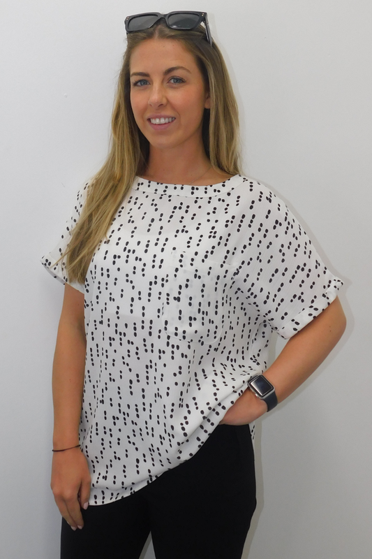 Ladies Short Sleeve Ivory & Black Geometric Polka Blouse Top