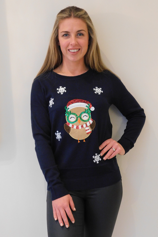 Ladies Christmas Navy Robin Snowflake Jumper