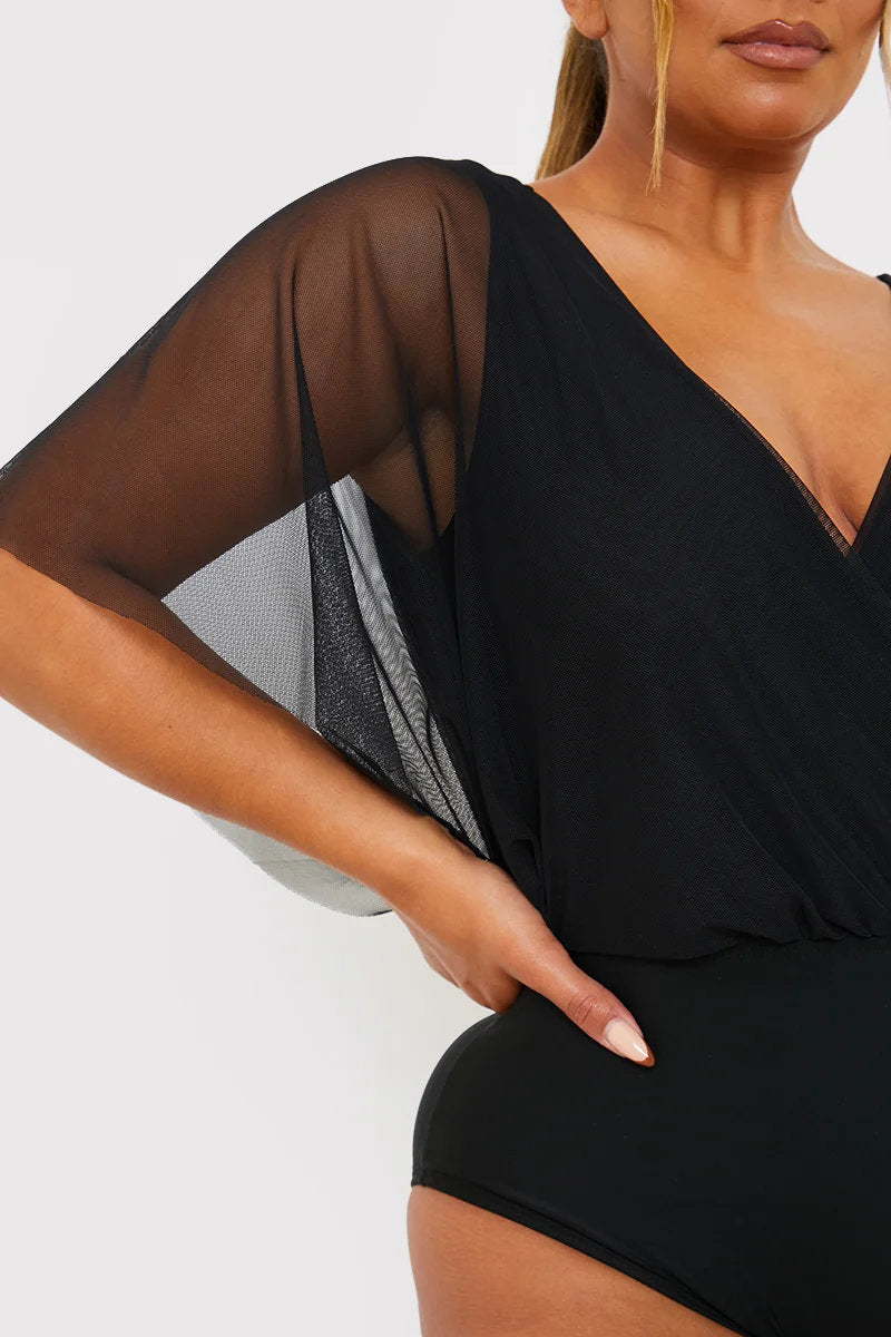 Celebrity Label Black Mesh Overlay Kimono Style Swimsuit
